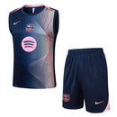 Conjunto hombre entrenamiento pré-juego FC Barcelona temporada 2025 2026 camiseta sin mangas azul marino pantalón corto naranja técnica transpirable culé oficial pre-match.