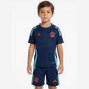 Conjunto entrenamiento Flamengo 2025 2026 niños kit completo camiseta azul marino y pantalón corto oficial entrenamiento fútbol niños Mengão 25/26 vista frontal.