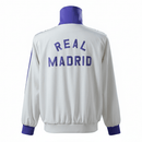 Chaqueta hombre entrenamiento Real Madrid temporada 2025 2026 oficial blanca y detalles morado sin capucha fútbol técnica transpirable madridista.