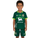 Conjunto fútbol infantil Real Santander temporada 2025 2026 oficial verde kit camiseta y pantalón para niños segunda equipación técnica junior.