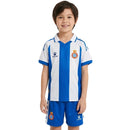 Conjunto infantil fútbol RCD Espanyol temporada 2025 2026 oficial primera equipación camiseta blanquiazul y pantalón técnica transpirable kids ninos